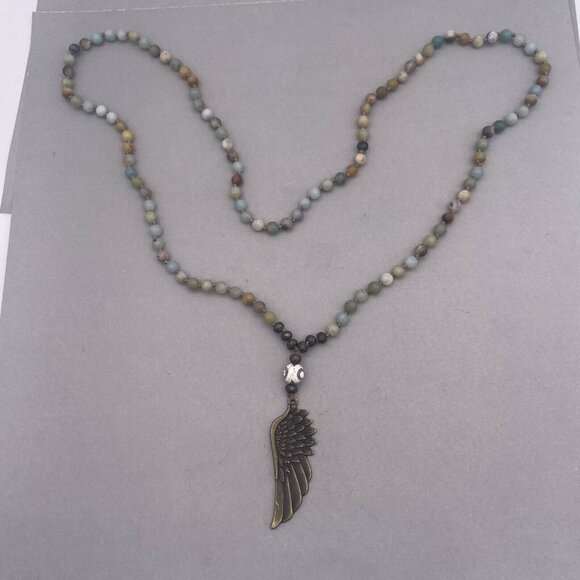 Angel Wing Amazonite Picasso Jasper and Pyrite Necklace 34 Inches - Picture 3 of 6